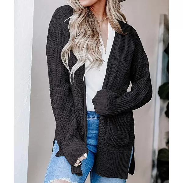 imageZESICA Womens 2023 Fall Casual Long Sleeve Open Front Waffle Knit Sweater Cardigans Coat Outwear with PocketsBlack