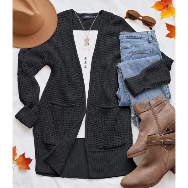 imageZESICA Womens 2023 Fall Casual Long Sleeve Open Front Waffle Knit Sweater Cardigans Coat Outwear with PocketsBlack