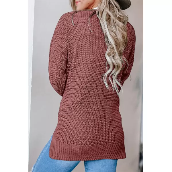 imageZESICA Womens 2023 Fall Casual Long Sleeve Open Front Waffle Knit Sweater Cardigans Coat Outwear with PocketsBrickred