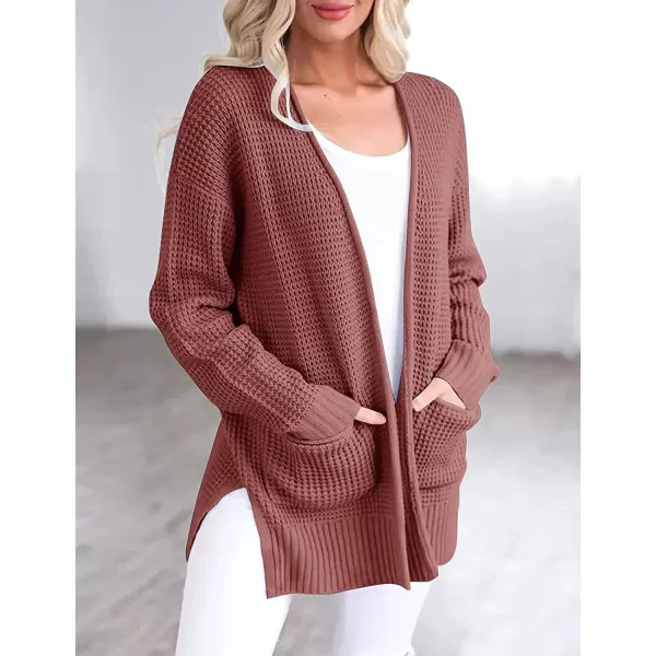 imageZESICA Womens 2023 Fall Casual Long Sleeve Open Front Waffle Knit Sweater Cardigans Coat Outwear with PocketsBrickred