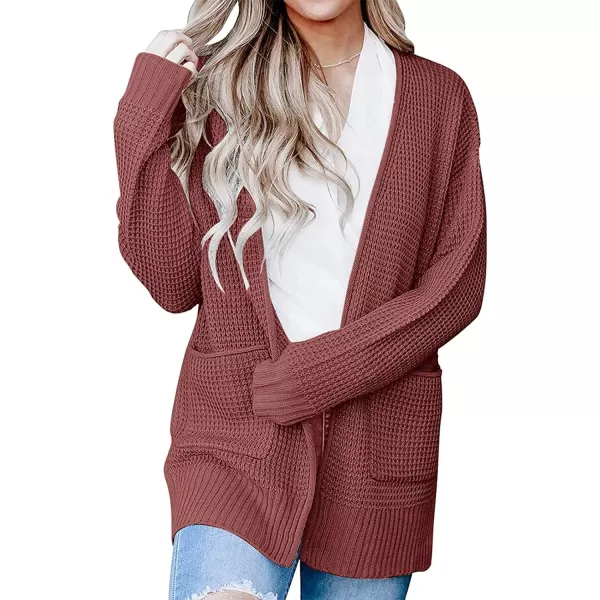 imageZESICA Womens 2023 Fall Casual Long Sleeve Open Front Waffle Knit Sweater Cardigans Coat Outwear with PocketsBrickred