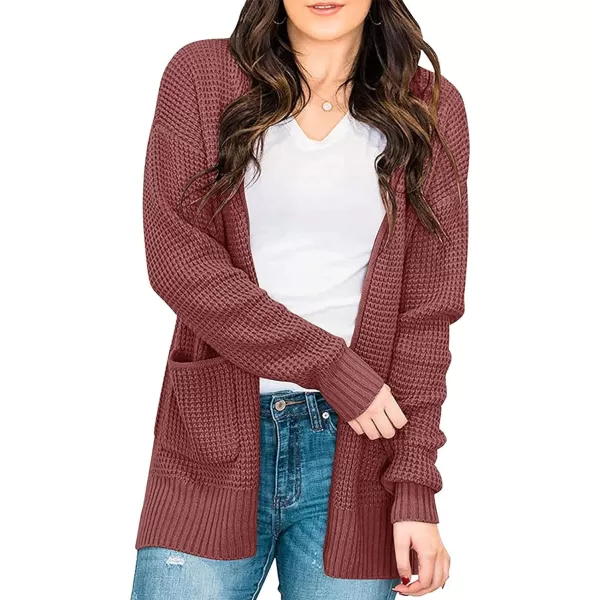 imageZESICA Womens 2023 Fall Casual Long Sleeve Open Front Waffle Knit Sweater Cardigans Coat Outwear with PocketsBrickred