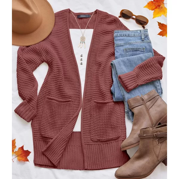 imageZESICA Womens 2023 Fall Casual Long Sleeve Open Front Waffle Knit Sweater Cardigans Coat Outwear with PocketsBrickred