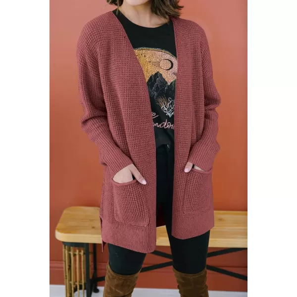 imageZESICA Womens 2023 Fall Casual Long Sleeve Open Front Waffle Knit Sweater Cardigans Coat Outwear with PocketsBrickred