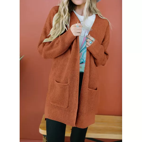 imageZESICA Womens 2023 Fall Casual Long Sleeve Open Front Waffle Knit Sweater Cardigans Coat Outwear with PocketsBrown
