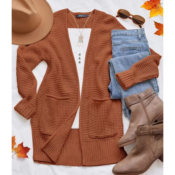 imageZESICA Womens 2023 Fall Casual Long Sleeve Open Front Waffle Knit Sweater Cardigans Coat Outwear with PocketsBrown