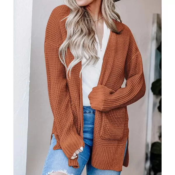 imageZESICA Womens 2023 Fall Casual Long Sleeve Open Front Waffle Knit Sweater Cardigans Coat Outwear with PocketsBrown