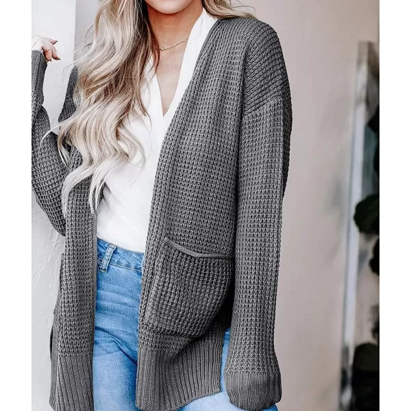 imageZESICA Womens 2023 Fall Casual Long Sleeve Open Front Waffle Knit Sweater Cardigans Coat Outwear with PocketsGrey