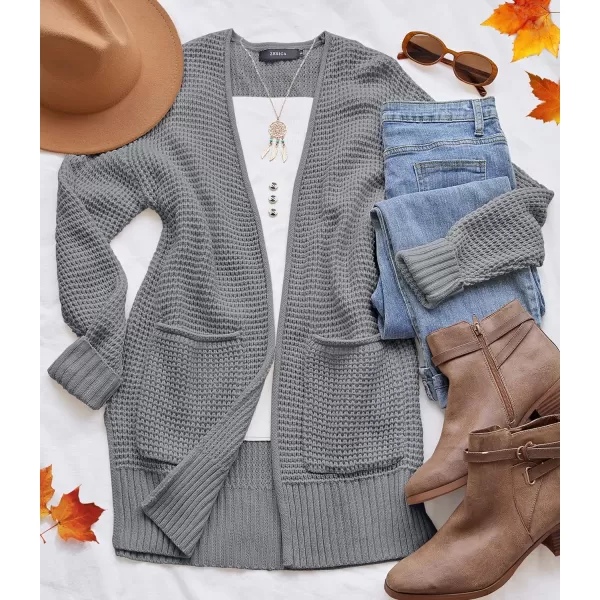 imageZESICA Womens 2023 Fall Casual Long Sleeve Open Front Waffle Knit Sweater Cardigans Coat Outwear with PocketsGrey