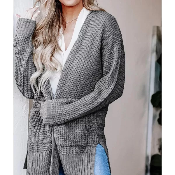 imageZESICA Womens 2023 Fall Casual Long Sleeve Open Front Waffle Knit Sweater Cardigans Coat Outwear with PocketsGrey
