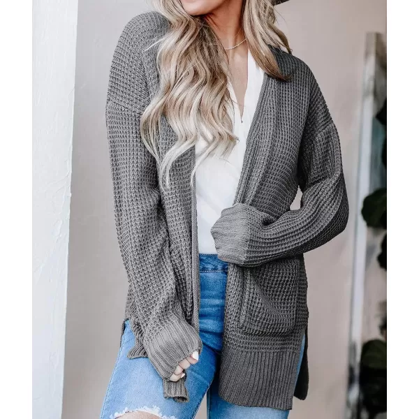 imageZESICA Womens 2023 Fall Casual Long Sleeve Open Front Waffle Knit Sweater Cardigans Coat Outwear with PocketsGrey