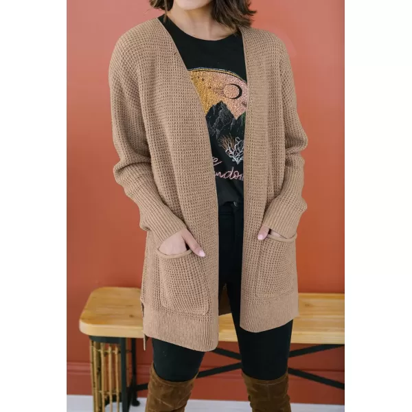 imageZESICA Womens 2023 Fall Casual Long Sleeve Open Front Waffle Knit Sweater Cardigans Coat Outwear with PocketsKhaki