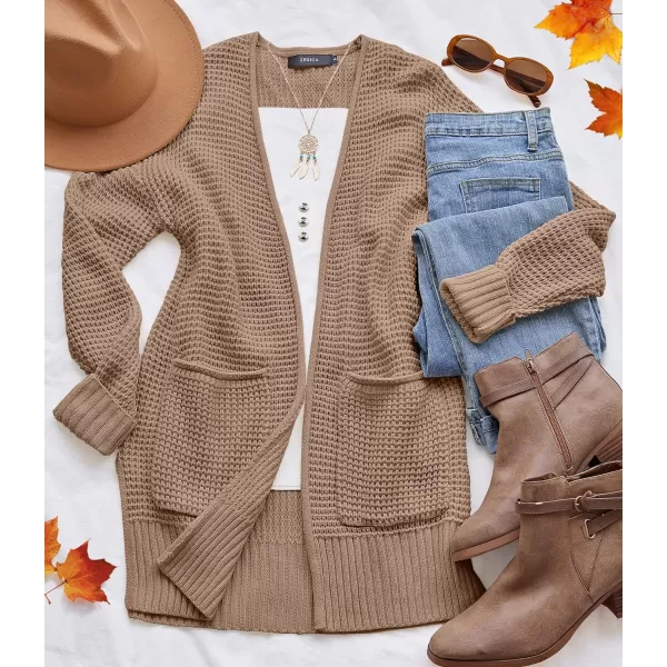 imageZESICA Womens 2023 Fall Casual Long Sleeve Open Front Waffle Knit Sweater Cardigans Coat Outwear with PocketsKhaki