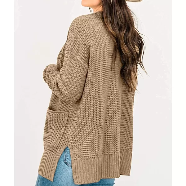 imageZESICA Womens 2023 Fall Casual Long Sleeve Open Front Waffle Knit Sweater Cardigans Coat Outwear with PocketsKhaki