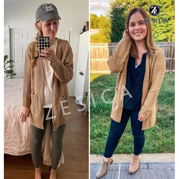 imageZESICA Womens 2023 Fall Casual Long Sleeve Open Front Waffle Knit Sweater Cardigans Coat Outwear with PocketsKhaki