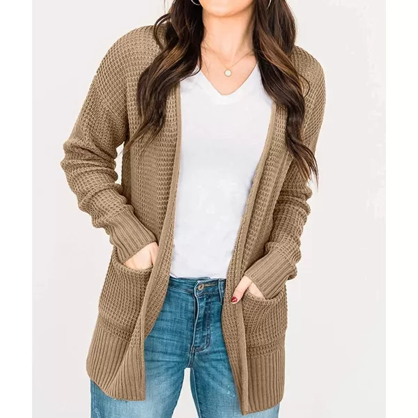 imageZESICA Womens 2023 Fall Casual Long Sleeve Open Front Waffle Knit Sweater Cardigans Coat Outwear with PocketsKhaki
