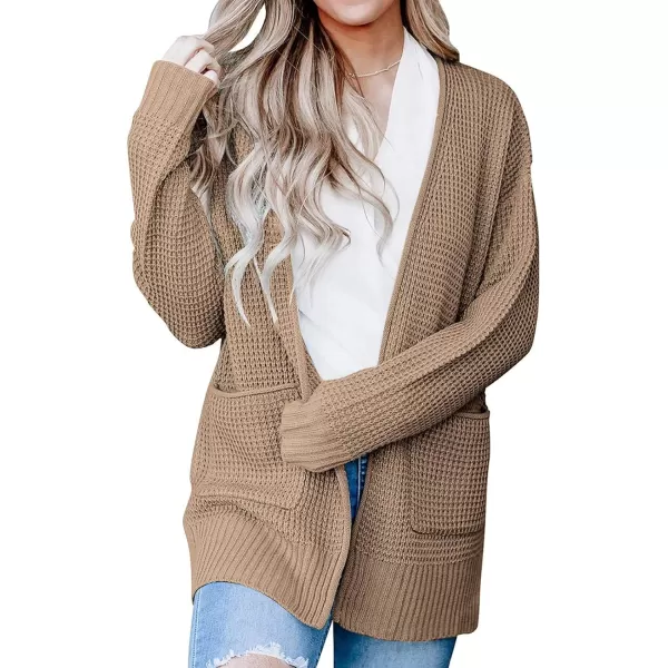 imageZESICA Womens 2023 Fall Casual Long Sleeve Open Front Waffle Knit Sweater Cardigans Coat Outwear with PocketsKhaki