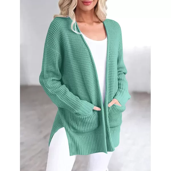 imageZESICA Womens 2023 Fall Casual Long Sleeve Open Front Waffle Knit Sweater Cardigans Coat Outwear with PocketsLakegreen