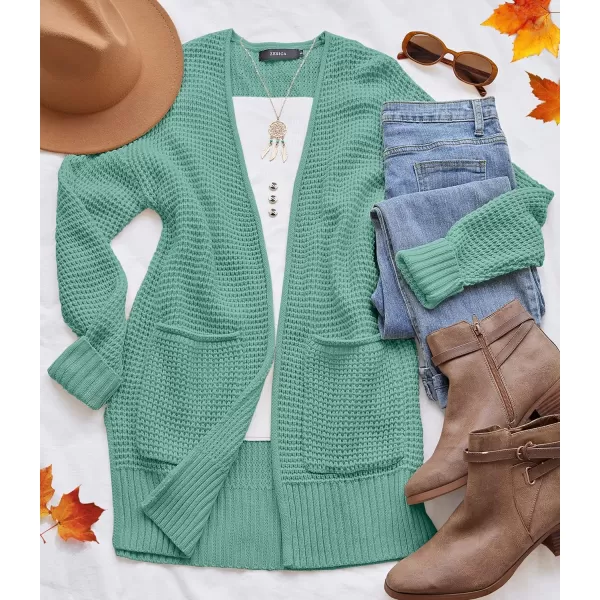 imageZESICA Womens 2023 Fall Casual Long Sleeve Open Front Waffle Knit Sweater Cardigans Coat Outwear with PocketsLakegreen