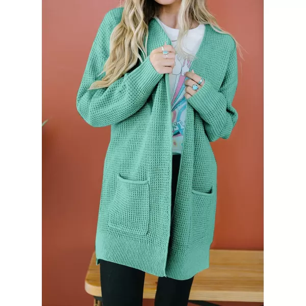 imageZESICA Womens 2023 Fall Casual Long Sleeve Open Front Waffle Knit Sweater Cardigans Coat Outwear with PocketsLakegreen