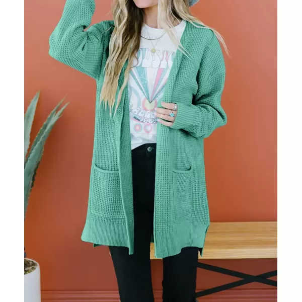 imageZESICA Womens 2023 Fall Casual Long Sleeve Open Front Waffle Knit Sweater Cardigans Coat Outwear with PocketsLakegreen