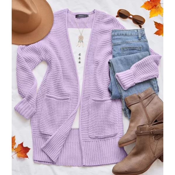 imageZESICA Womens 2023 Fall Casual Long Sleeve Open Front Waffle Knit Sweater Cardigans Coat Outwear with PocketsLavender