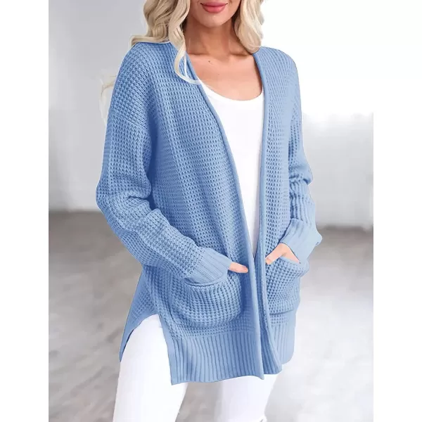 imageZESICA Womens 2023 Fall Casual Long Sleeve Open Front Waffle Knit Sweater Cardigans Coat Outwear with PocketsLightblue