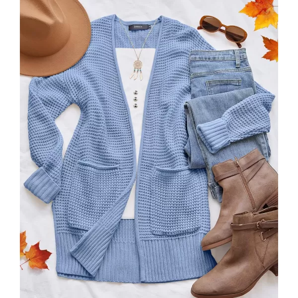 imageZESICA Womens 2023 Fall Casual Long Sleeve Open Front Waffle Knit Sweater Cardigans Coat Outwear with PocketsLightblue