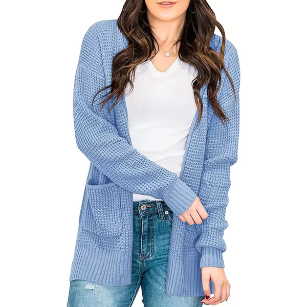 imageZESICA Womens 2023 Fall Casual Long Sleeve Open Front Waffle Knit Sweater Cardigans Coat Outwear with PocketsLightblue