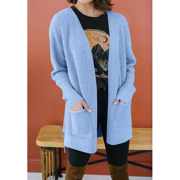 imageZESICA Womens 2023 Fall Casual Long Sleeve Open Front Waffle Knit Sweater Cardigans Coat Outwear with PocketsLightblue