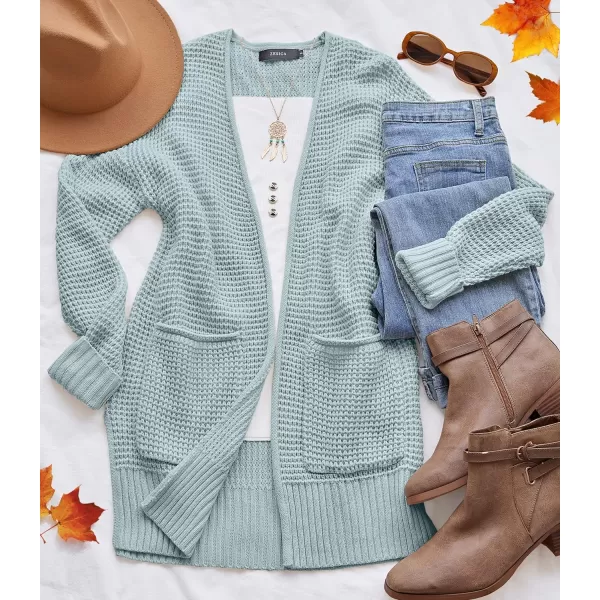 imageZESICA Womens 2023 Fall Casual Long Sleeve Open Front Waffle Knit Sweater Cardigans Coat Outwear with PocketsMint