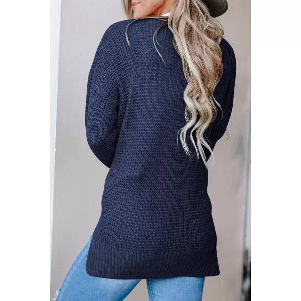 imageZESICA Womens 2023 Fall Casual Long Sleeve Open Front Waffle Knit Sweater Cardigans Coat Outwear with PocketsNavy