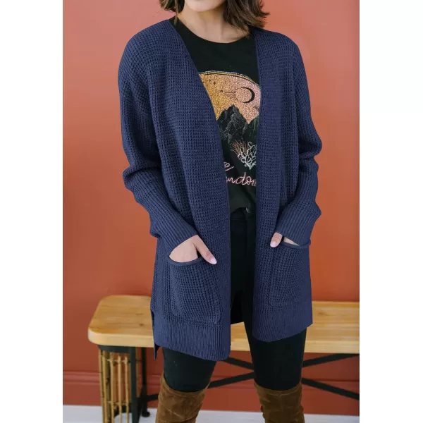 imageZESICA Womens 2023 Fall Casual Long Sleeve Open Front Waffle Knit Sweater Cardigans Coat Outwear with PocketsNavy