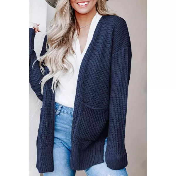 imageZESICA Womens 2023 Fall Casual Long Sleeve Open Front Waffle Knit Sweater Cardigans Coat Outwear with PocketsNavy