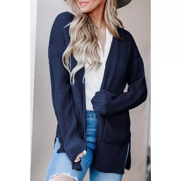 imageZESICA Womens 2023 Fall Casual Long Sleeve Open Front Waffle Knit Sweater Cardigans Coat Outwear with PocketsNavy