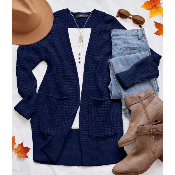 imageZESICA Womens 2023 Fall Casual Long Sleeve Open Front Waffle Knit Sweater Cardigans Coat Outwear with PocketsNavy