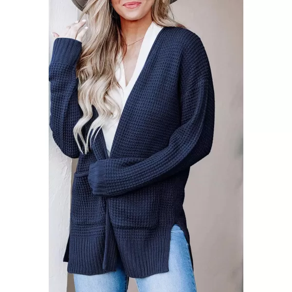 imageZESICA Womens 2023 Fall Casual Long Sleeve Open Front Waffle Knit Sweater Cardigans Coat Outwear with PocketsNavy