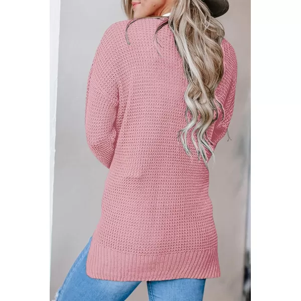 imageZESICA Womens 2023 Fall Casual Long Sleeve Open Front Waffle Knit Sweater Cardigans Coat Outwear with PocketsPink