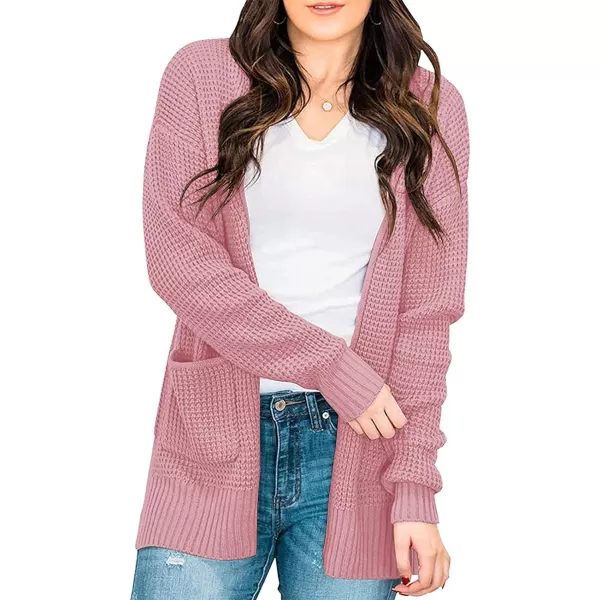 imageZESICA Womens 2023 Fall Casual Long Sleeve Open Front Waffle Knit Sweater Cardigans Coat Outwear with PocketsPink