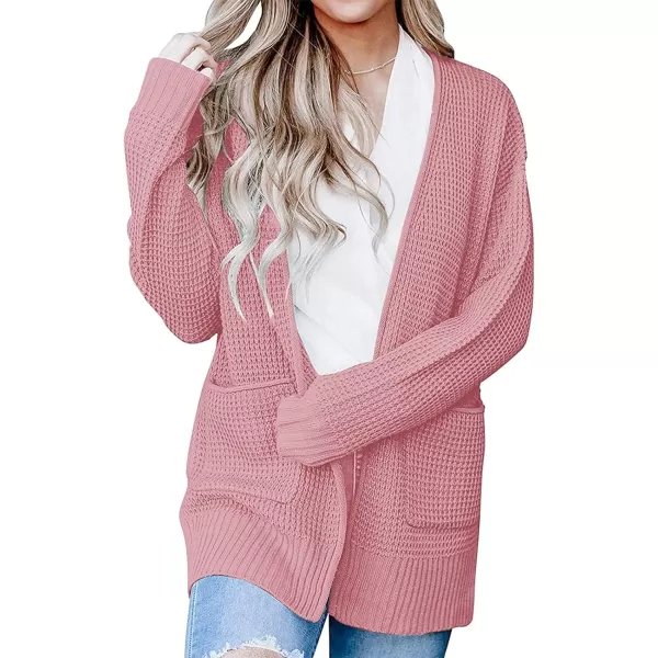 imageZESICA Womens 2023 Fall Casual Long Sleeve Open Front Waffle Knit Sweater Cardigans Coat Outwear with PocketsPink
