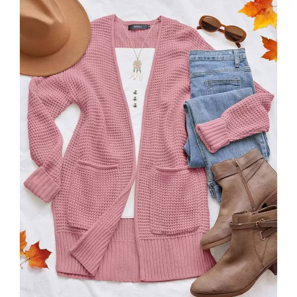 imageZESICA Womens 2023 Fall Casual Long Sleeve Open Front Waffle Knit Sweater Cardigans Coat Outwear with PocketsPink