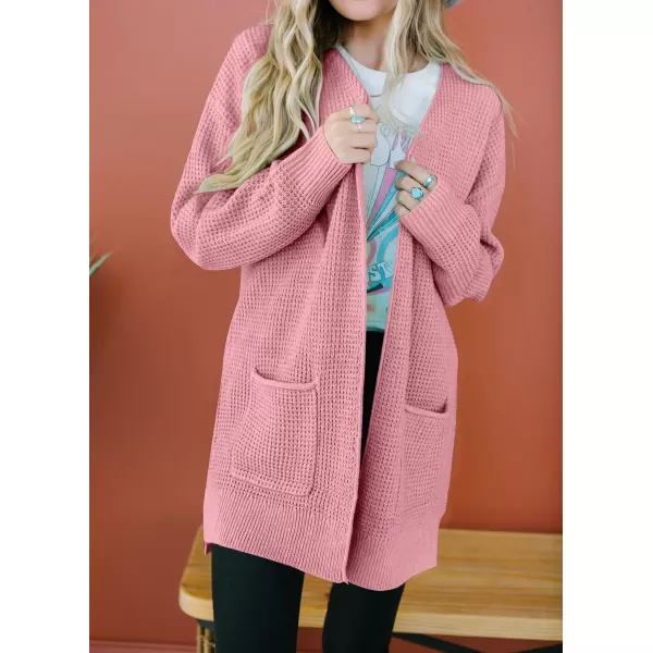 imageZESICA Womens 2023 Fall Casual Long Sleeve Open Front Waffle Knit Sweater Cardigans Coat Outwear with PocketsPink
