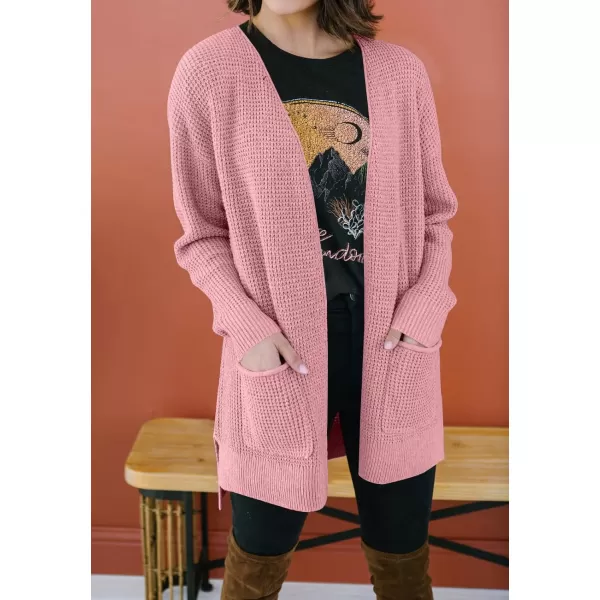 imageZESICA Womens 2023 Fall Casual Long Sleeve Open Front Waffle Knit Sweater Cardigans Coat Outwear with PocketsPink