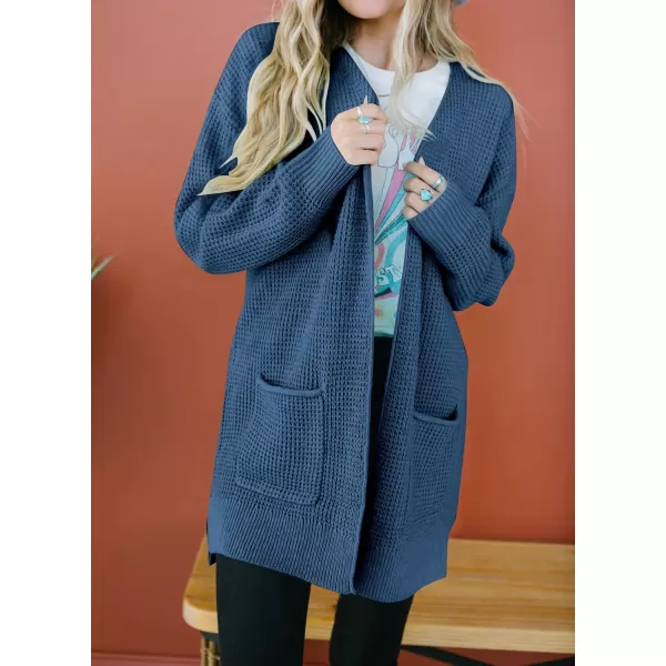 imageZESICA Womens 2023 Fall Casual Long Sleeve Open Front Waffle Knit Sweater Cardigans Coat Outwear with PocketsRoyalblue
