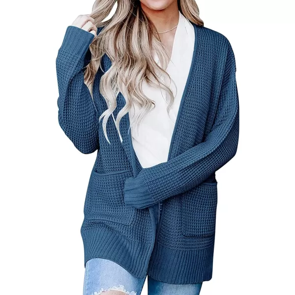 imageZESICA Womens 2023 Fall Casual Long Sleeve Open Front Waffle Knit Sweater Cardigans Coat Outwear with PocketsRoyalblue