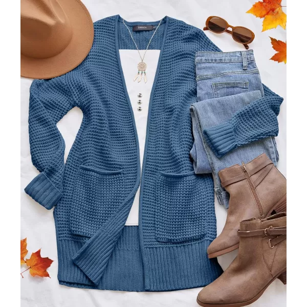 imageZESICA Womens 2023 Fall Casual Long Sleeve Open Front Waffle Knit Sweater Cardigans Coat Outwear with PocketsRoyalblue