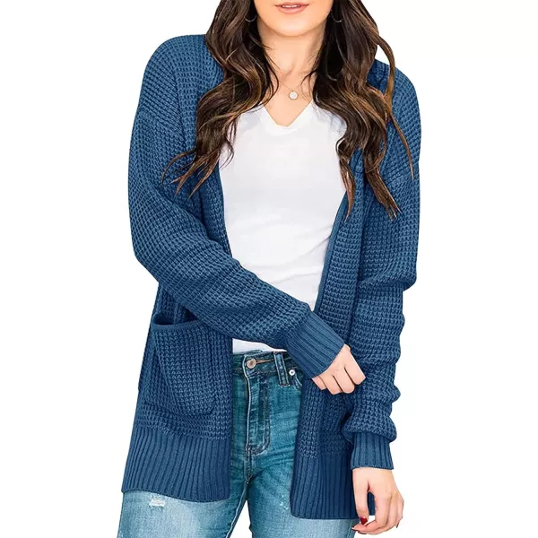 imageZESICA Womens 2023 Fall Casual Long Sleeve Open Front Waffle Knit Sweater Cardigans Coat Outwear with PocketsRoyalblue