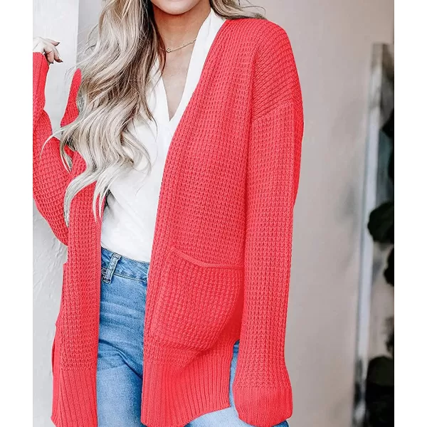 imageZESICA Womens 2023 Fall Casual Long Sleeve Open Front Waffle Knit Sweater Cardigans Coat Outwear with PocketsWatermelon