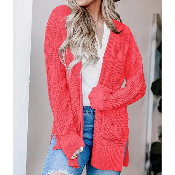 imageZESICA Womens 2023 Fall Casual Long Sleeve Open Front Waffle Knit Sweater Cardigans Coat Outwear with PocketsWatermelon