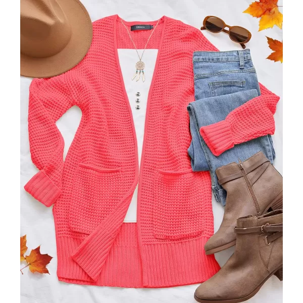 imageZESICA Womens 2023 Fall Casual Long Sleeve Open Front Waffle Knit Sweater Cardigans Coat Outwear with PocketsWatermelon